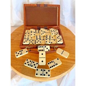 Vintage 28 Piece Double Six Dominoes Brass Spinners Faux Leather Case Travel Set